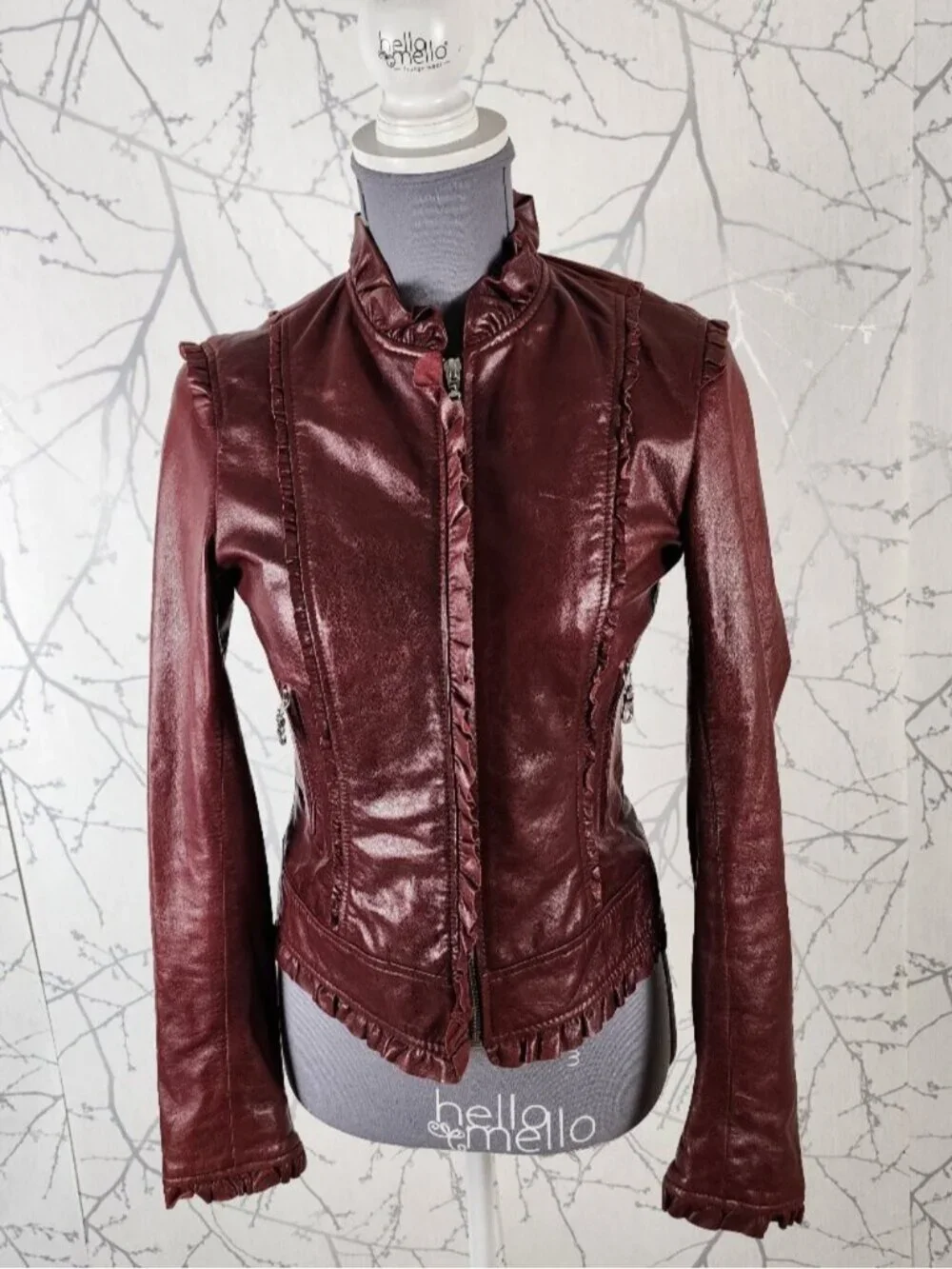 Kenna T Dark Red Leather Full Zip Ruffle Moto Jacket